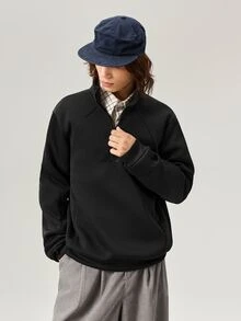 Vaulklash 男士街頭風半拉鍊套頭衛衣，拼接設計配小刺繡標誌，送給男友/丈夫的禮物，週年紀念禮物，男士套頭衛衣 - 黑色 - 查看 5