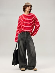 Vaulklash 男士美式復古藍白條紋寬鬆長袖T恤，美式復古學院風，韓系休閒隨性風，經典條紋T恤，慵懶休閒風，Cleanfit極簡風，學院風，小眾獨特設計，適合學生、上班族日常通勤、旅行、時尚穿搭，中性情侶穿搭，節日禮物 - 紅色 - 查看 2