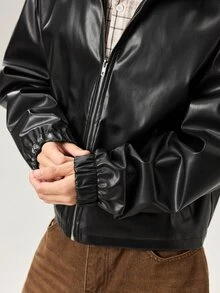Vaulklash 男士純色拉鍊領長袖休閒夾克，Grunge風格，春季，戶外 - 黑色 - 查看 8