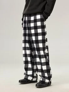 Vaulklash Men's Gingham Pattern Slant Pocket Pants, For Fall Winter - Black and White - View 4