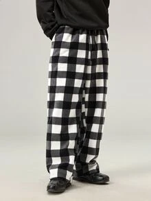 Vaulklash Men's Gingham Pattern Slant Pocket Pants, For Fall Winter - Black and White - View 1