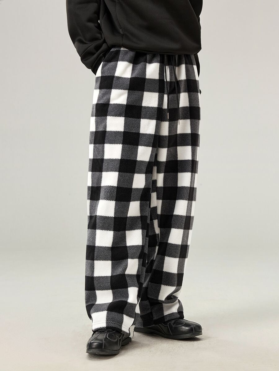 Vaulklash Men's Gingham Pattern Slant Pocket Pants, For Fall Winter - Black and White - View 1