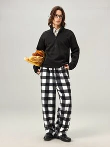 Vaulklash Men's Gingham Pattern Slant Pocket Pants, For Fall Winter - Black and White - View 8