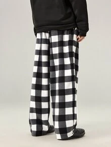Vaulklash Men's Gingham Pattern Slant Pocket Pants, For Fall Winter - Black and White - View 3