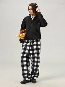 Vaulklash Men's Gingham Pattern Slant Pocket Pants, For Fall Winter - Black and White - View 2