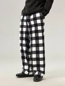 Vaulklash Men's Gingham Pattern Slant Pocket Pants, For Fall Winter - Black and White - View 6