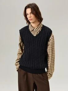 Vaulklash Men Cable Knit Sweater Vest, Vacation, Father's Day Gifts - Black - View 5