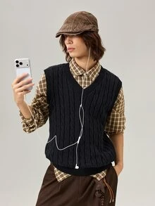 Vaulklash Men Cable Knit Sweater Vest, Vacation, Father's Day Gifts - Black - View 4