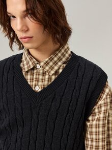 Vaulklash Men Cable Knit Sweater Vest, Vacation, Father's Day Gifts - Black - View 7