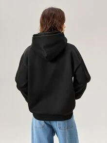 Vaulklash 男士休闲双帽拼接连帽衫，街头风，宽松版型，印花图案，情侣装，朋友装，表达爱意，街头风格，情侣款，结构设计，刺绣图案，双层帽子 - 純黑 - 查看 3