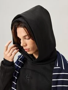 Vaulklash 男士休闲双帽拼接连帽衫，街头风，宽松版型，印花图案，情侣装，朋友装，表达爱意，街头风格，情侣款，结构设计，刺绣图案，双层帽子 - 純黑 - 查看 7