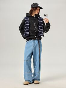 Vaulklash 男士休闲双帽拼接连帽衫，街头风，宽松版型，印花图案，情侣装，朋友装，表达爱意，街头风格，情侣款，结构设计，刺绣图案，双层帽子 - 純黑 - 查看 2