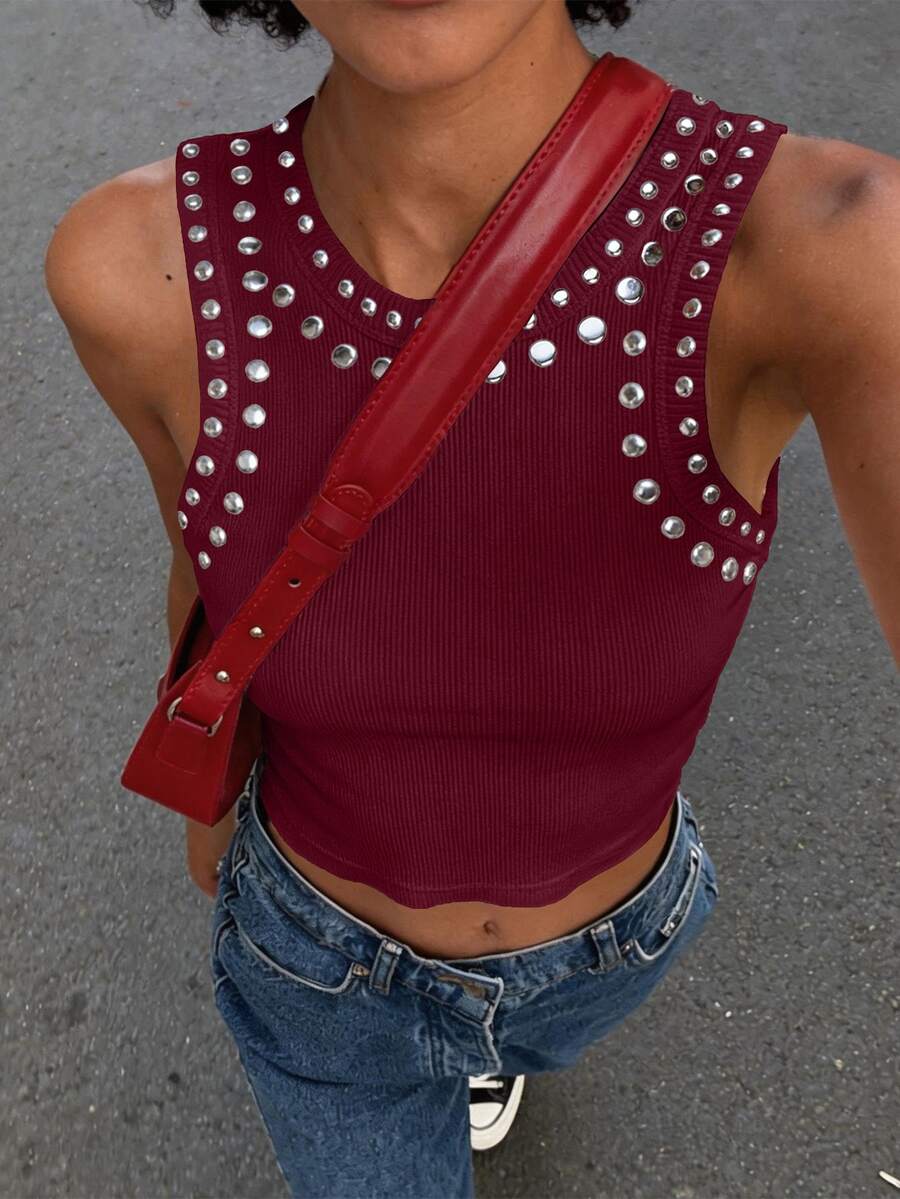 Rovax Women's Fashion Rivet Detail Cropped Tank Top, Street Style - Multicolor - View 1