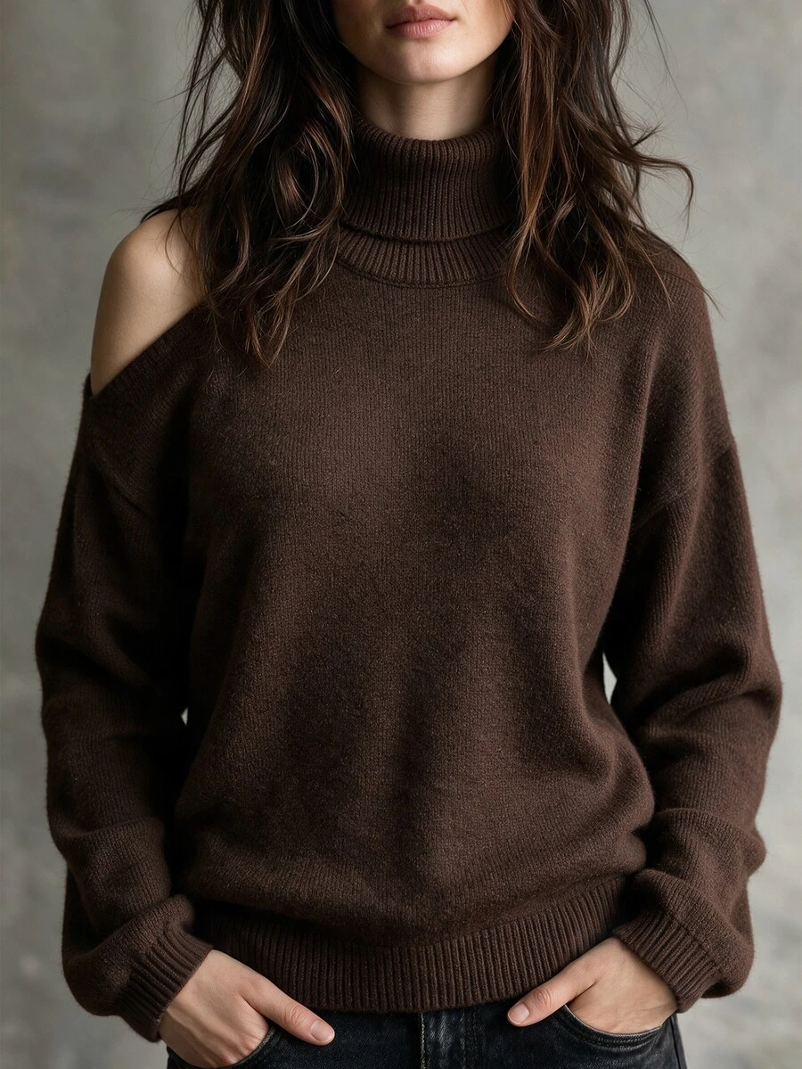 SHEIN Vintage Brown Asymmetric Cut-Out Shoulder High Neck Niche Design Cold-Shoulder Sweater - Brown - View 1