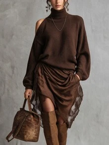SHEIN Vintage Brown Asymmetric Cut-Out Shoulder High Neck Niche Design Cold-Shoulder Sweater - Brown - View 3