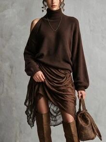 SHEIN Vintage Brown Asymmetric Cut-Out Shoulder High Neck Niche Design Cold-Shoulder Sweater - Brown - View 6