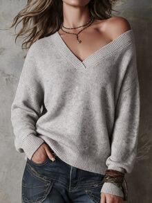 SHEIN Women's Long Sleeve V-Neck Solid Color Casual Daily Sweater - Mocha Brown - View 1