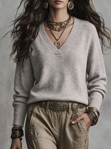 SHEIN Women's Long Sleeve V-Neck Solid Color Casual Daily Sweater - Mocha Brown - View 4