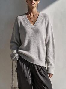 SHEIN Women's Long Sleeve V-Neck Solid Color Casual Daily Sweater - Mocha Brown - View 5