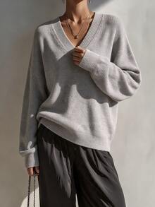 SHEIN Women's Long Sleeve V-Neck Solid Color Casual Daily Sweater - Mocha Brown - View 3