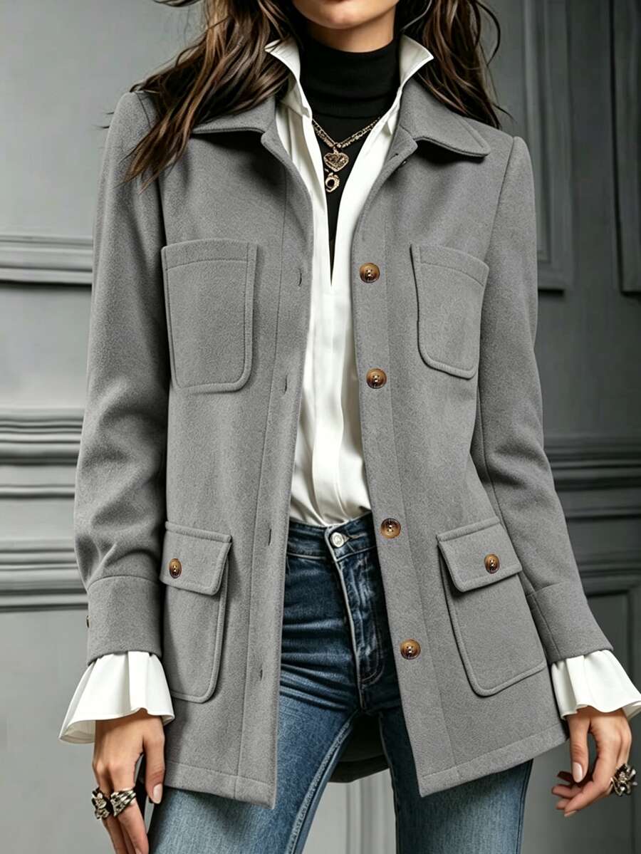 SHEIN PariChic Women's Solid Color Pocket Casual Simple Versatile Daily Travel Long Sleeve Jacket Everyday Travel Light Grey Autumn/Winter - Grey - View 1