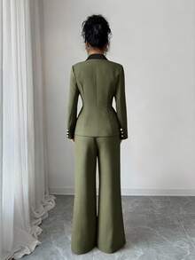 Elenzga 女款新款優雅拼色高端西裝外套與喇叭褲兩件套，適合商務通勤、日常辦公穿著 - 軍綠色 - 查看 2