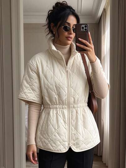 DAZY Women's Quilted Short Sleeve Cinched Waist Padded Coat Winter Jacket Everyday Going Out Off-White Casual Elegant