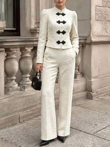 SHEIN Ladies' Autumn-Winter Two Pieces Set With Chinese-Style Button Details, Suitable For Evening Events, Business Activities, Commuting, And Office Wear. - Apricot - View 3
