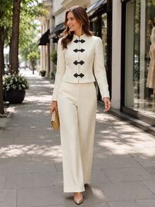 SHEIN Ladies' Autumn-Winter Two Pieces Set With Chinese-Style Button Details, Suitable For Evening Events, Business Activities, Commuting, And Office Wear. - Apricot - View 1