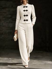 SHEIN Ladies' Autumn-Winter Two Pieces Set With Chinese-Style Button Details, Suitable For Evening Events, Business Activities, Commuting, And Office Wear. - Apricot - View 7