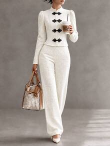 SHEIN Ladies' Autumn-Winter Two Pieces Set With Chinese-Style Button Details, Suitable For Evening Events, Business Activities, Commuting, And Office Wear. - Apricot - View 6