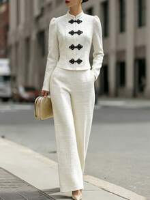 SHEIN Ladies' Autumn-Winter Two Pieces Set With Chinese-Style Button Details, Suitable For Evening Events, Business Activities, Commuting, And Office Wear. - Apricot - View 4