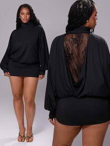 Rustia Fashion High Neck Backless Lace Bodycon Elastic Sexy Party Dress Fall - Black - View 1