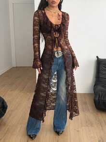 Coolane Women's Fall Comfortable Stretchy Warm /Winter Chic Casual Streetwear Brown Sheer Lace Long Flared Sleeve Open Front Flowy Duster Cover Up Jacket - Coffee Brown - View 4