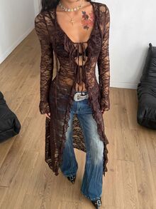 Coolane Women's Fall Comfortable Stretchy Warm /Winter Chic Casual Streetwear Brown Sheer Lace Long Flared Sleeve Open Front Flowy Duster Cover Up Jacket - Coffee Brown - View 5