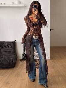 Coolane Women's Fall Comfortable Stretchy Warm /Winter Chic Casual Streetwear Brown Sheer Lace Long Flared Sleeve Open Front Flowy Duster Cover Up Jacket - Coffee Brown - View 3
