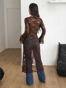 Coolane Women's Fall Comfortable Stretchy Warm /Winter Chic Casual Streetwear Brown Sheer Lace Long Flared Sleeve Open Front Flowy Duster Cover Up Jacket - Coffee Brown - View 6