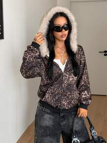 Coolane 女款秋冬保暖街頭風休閒時尚豹紋人造毛大廓型連帽拉鍊短版夾克運動衫 - 棕色 - 查看 2