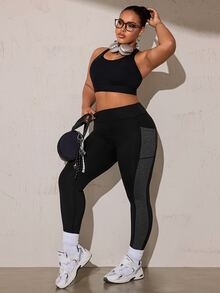Rhythm Era Plus Size Colorblock Patchwork Yoga Leggings - Black - View 8