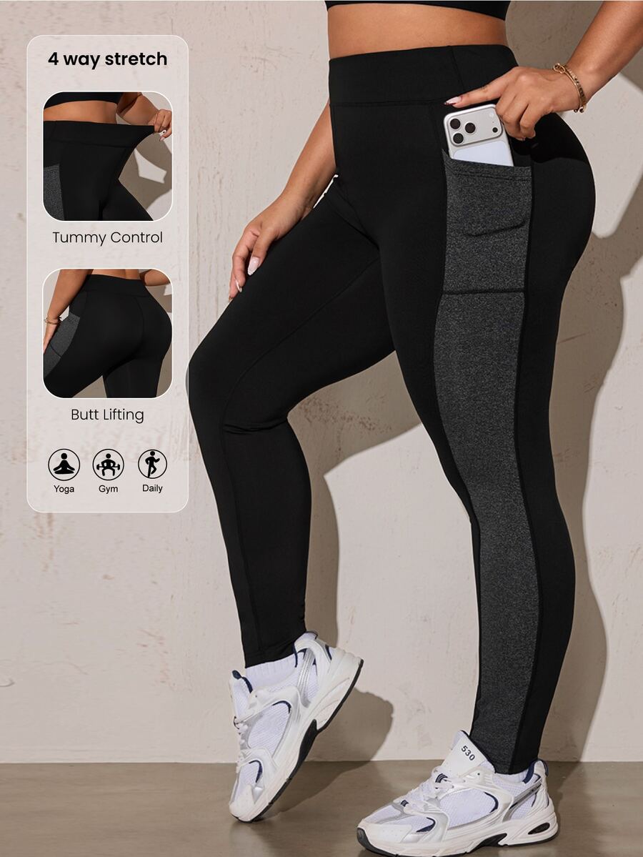 Rhythm Era Plus Size Colorblock Patchwork Yoga Leggings - Black - View 1