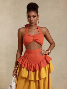 BamGlimmer Women's Colorblock Cutout Design Patchwork Ruffle Trim Fashion Halter Neck Dress - Multicolor - View 6