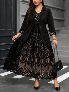 Reflora Setelan Jas Elegan Wanita Ukuran Besar dengan Manset Renda Kontras, Jaket dan Gaun, untuk Pernikahan Musim Gugur, Makan Malam Formal, Hitam Beige - Hitam - View 6