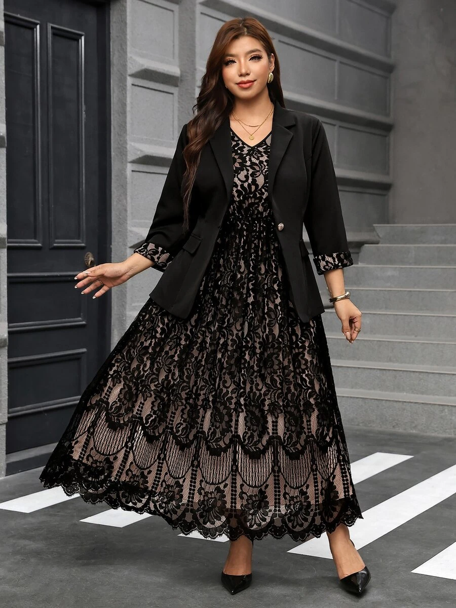 Reflora Setelan Jas Elegan Wanita Ukuran Besar dengan Manset Renda Kontras, Jaket dan Gaun, untuk Pernikahan Musim Gugur, Makan Malam Formal, Hitam Beige