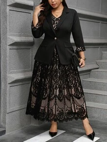Reflora Setelan Jas Elegan Wanita Ukuran Besar dengan Manset Renda Kontras, Jaket dan Gaun, untuk Pernikahan Musim Gugur, Makan Malam Formal, Hitam Beige - Hitam - View 7