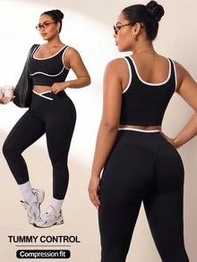 SHEIN Sports 大尺碼拼色飾邊短版背心與緊身褲運動套裝 - 黑色 - 查看 8