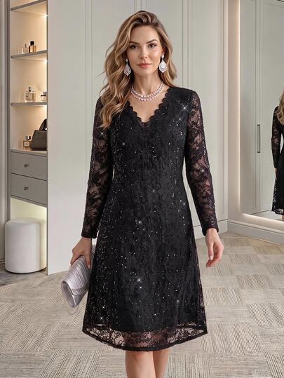 Medorina Elegante Lujo Chic, Encaje Floral con Lentejuelas, Vestido de Noche Social, Negro Brillante, Manga Larga con Cuello en V Estilizado, Invitada de Boda Fiesta, Año Nuevo Otoño Invierno