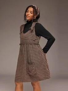Freevana 2PC Plus Size Women Solid Color Turtleneck Long Sleeve Top And Plaid Shoulder Knot Strap Dress Set Autumn Graduation Vacation Birthday Black Brown - Multicolor - View 5