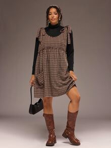 Freevana 2PC Plus Size Women Solid Color Turtleneck Long Sleeve Top And Plaid Shoulder Knot Strap Dress Set Autumn Graduation Vacation Birthday Black Brown - Multicolor - View 7