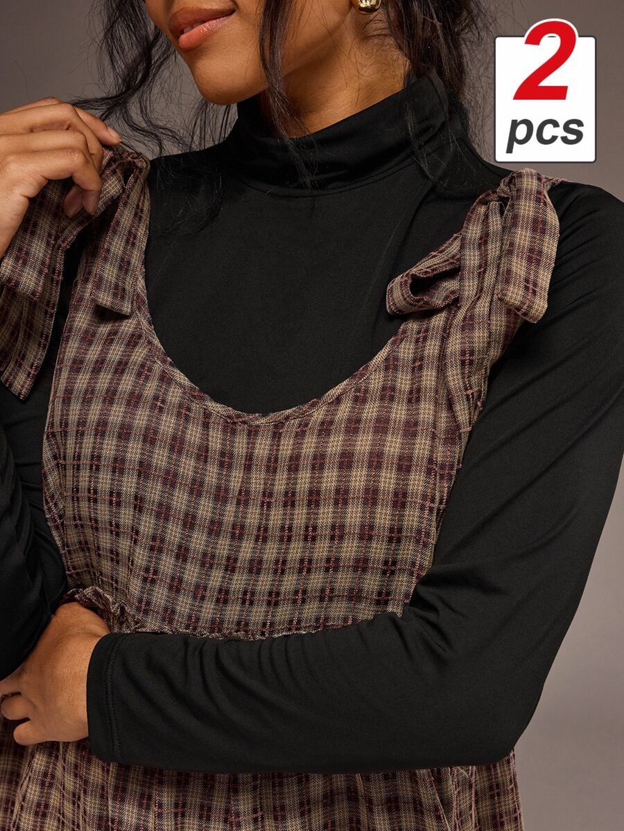 Freevana 2PC Plus Size Women Solid Color Turtleneck Long Sleeve Top And Plaid Shoulder Knot Strap Dress Set Autumn Graduation Vacation Birthday Black Brown - Multicolor - View 1