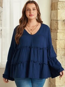 Rosumi Plus Size French Pleated Long Sleeve Frill Trim Patchwork Blouse Autumn Clothes For Women Winter Clothes Fall Winter 2026 - Blue - View 9